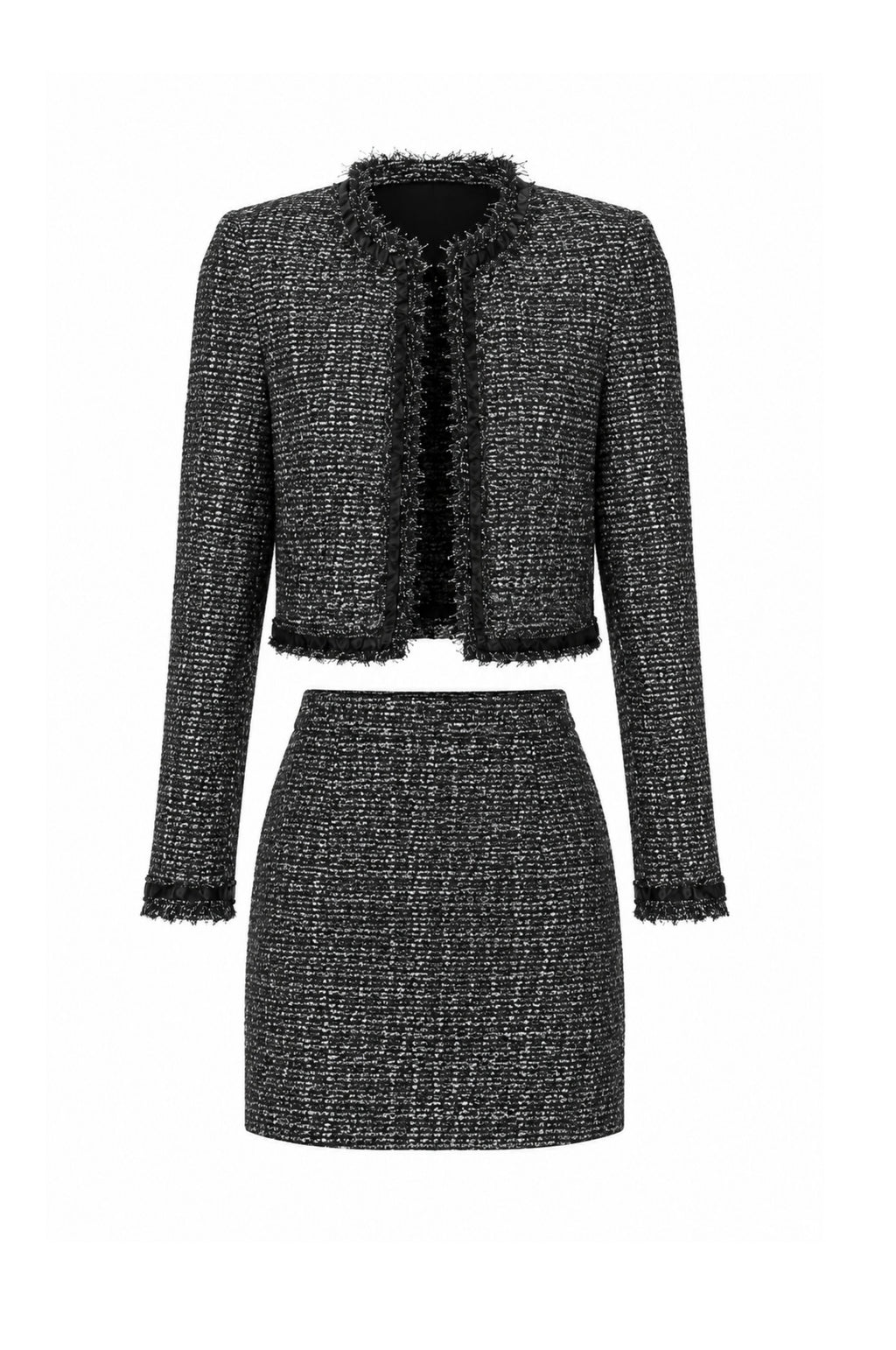 FW 26 |Black & Silver Bouclé Two-Piece Suit – Jacket & Mini Skirt – 1/6 Scale Fashion Doll Clothing | BARE