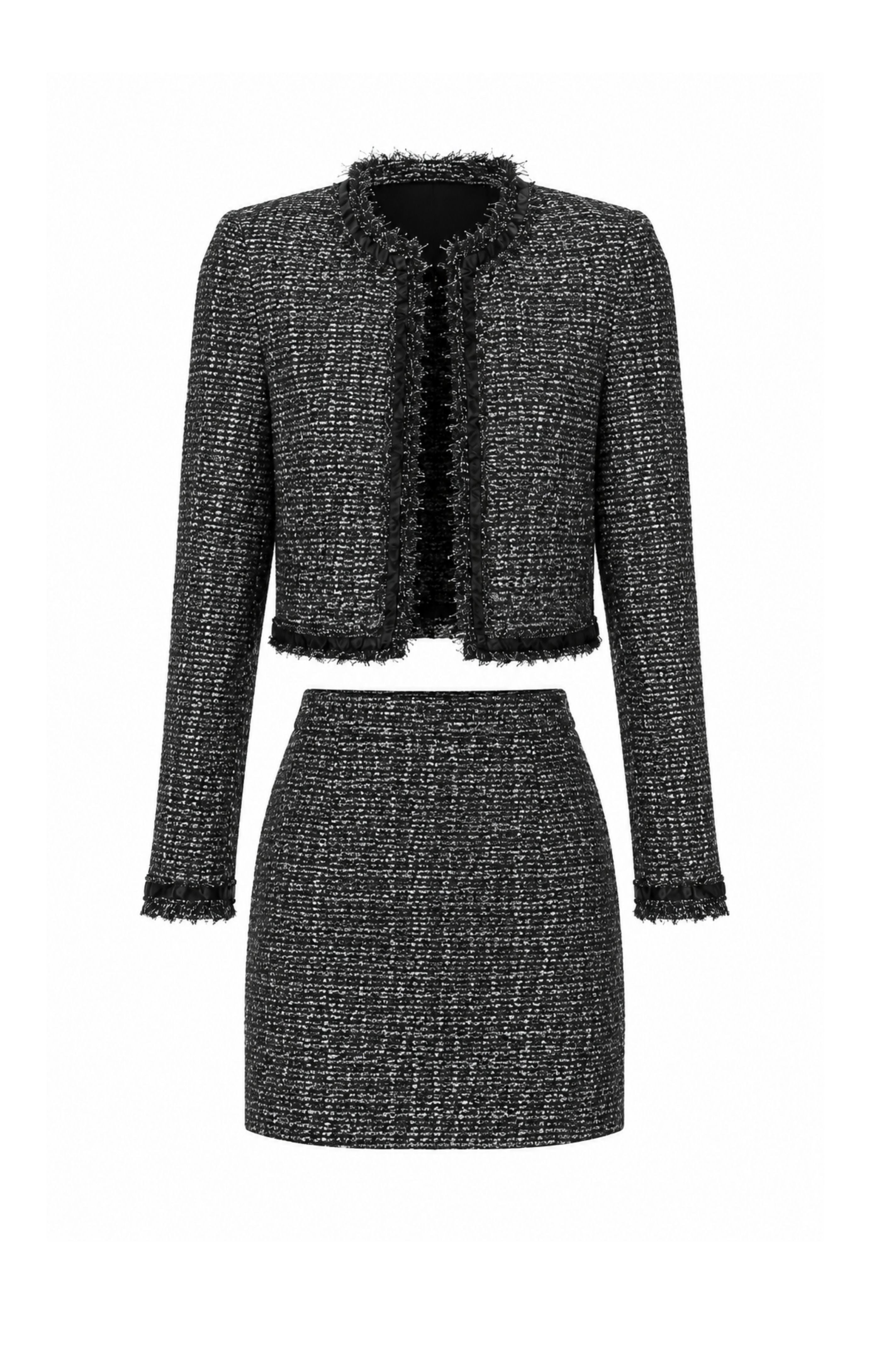 FW 26 |Black & Silver Bouclé Two-Piece Suit – Jacket & Mini Skirt – 1/6 Scale Fashion Doll Clothing | BARE