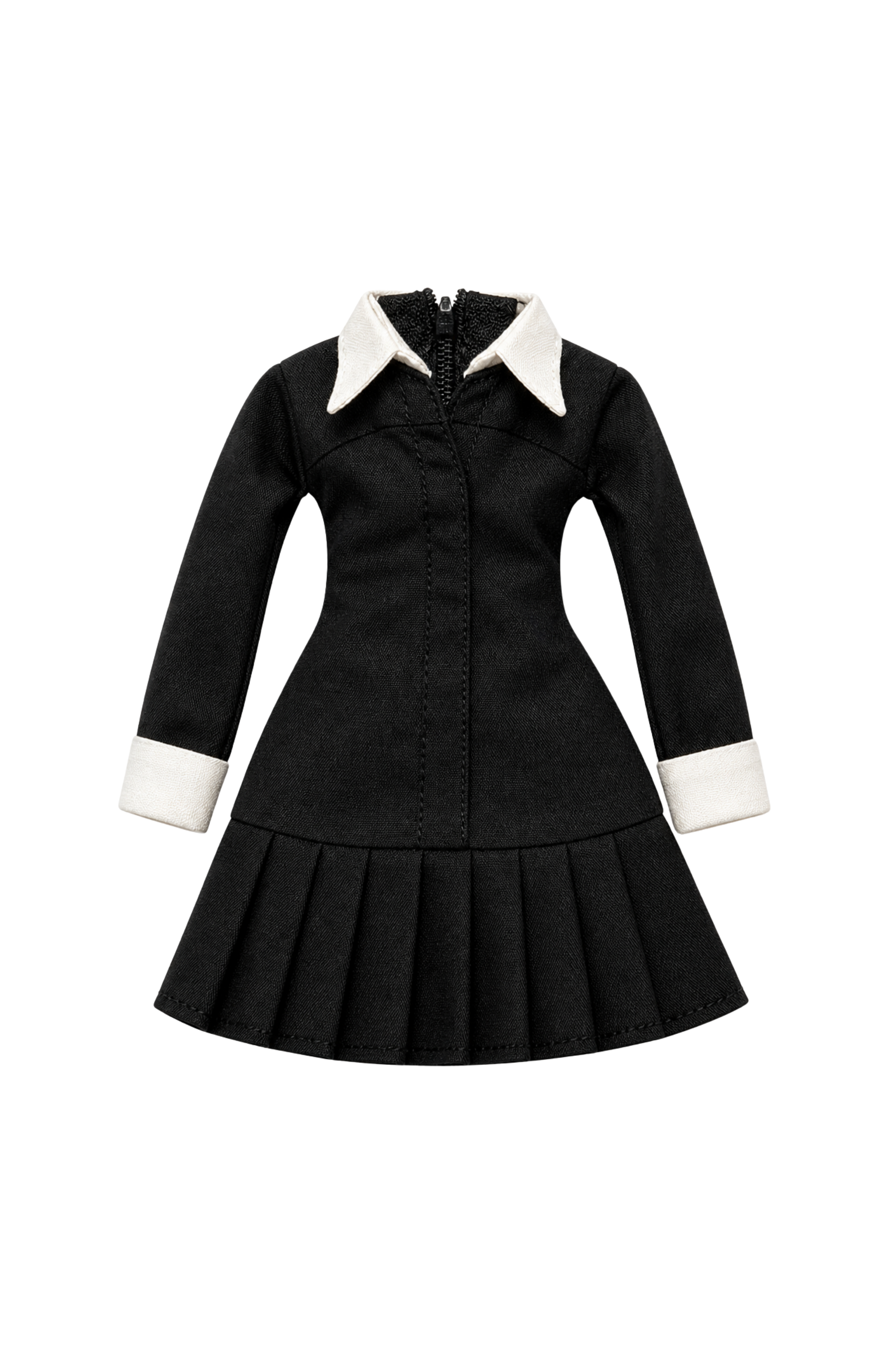 Style No.10 | Black Tailored Pleated Dress for Fashion Royalty 6.0 Dolls – Classic White Collar Mini Dress – 1/6 Scale Doll Clothes