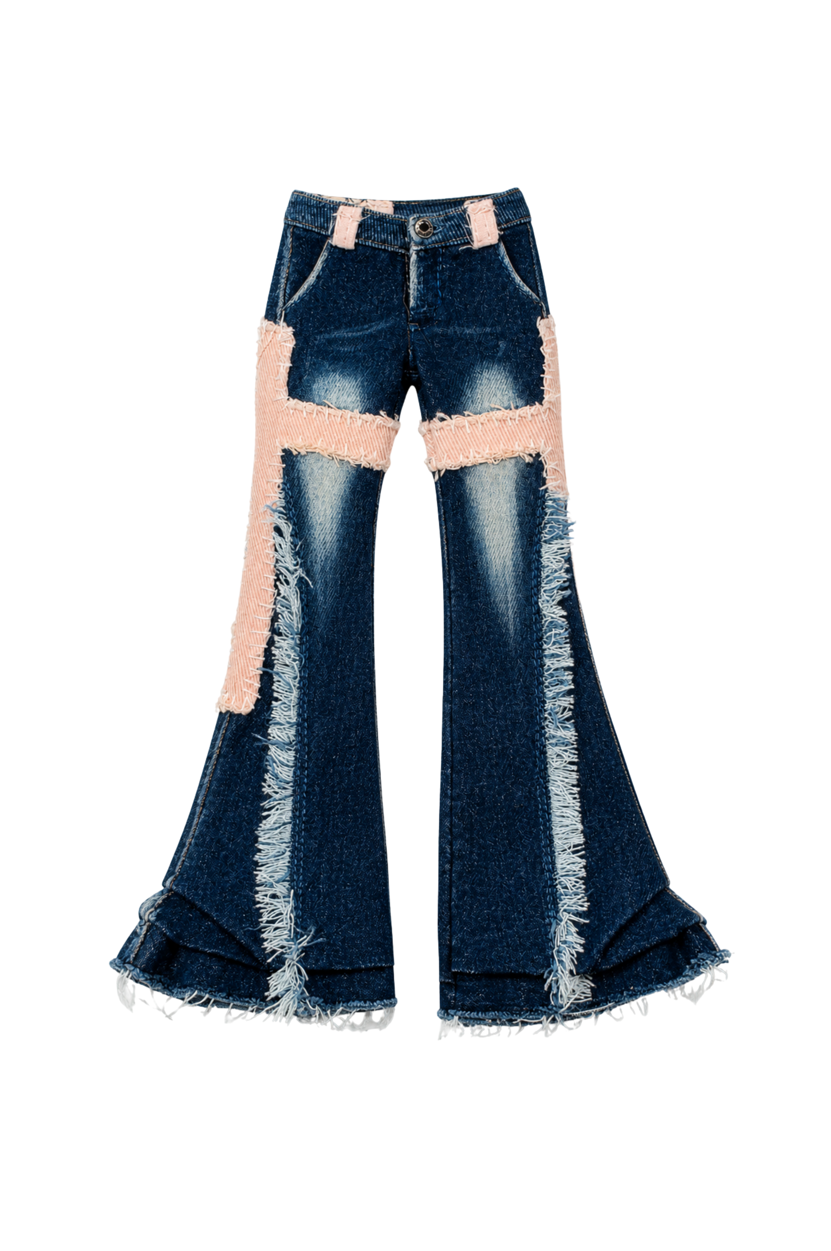 Style No.23 | Y2K Patchwork Flare Jeans for 1/6 Dolls – Fashion Royalty Doll Clothes, Denim Bell Bottom Pants, Handmade Doll Outfit