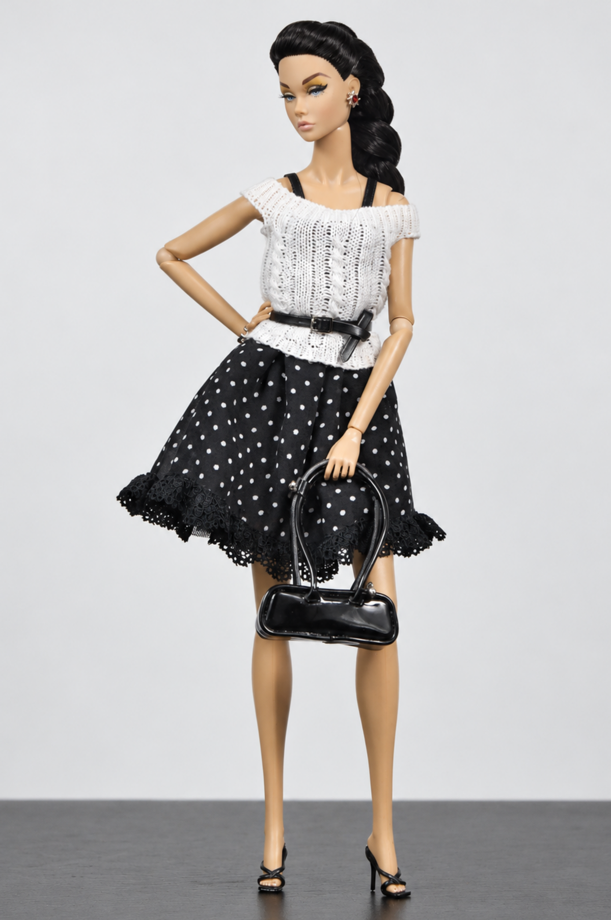 BASIC | Black Polka Dot Lace Dress | Fashion Royalty Doll Clothes | BARE