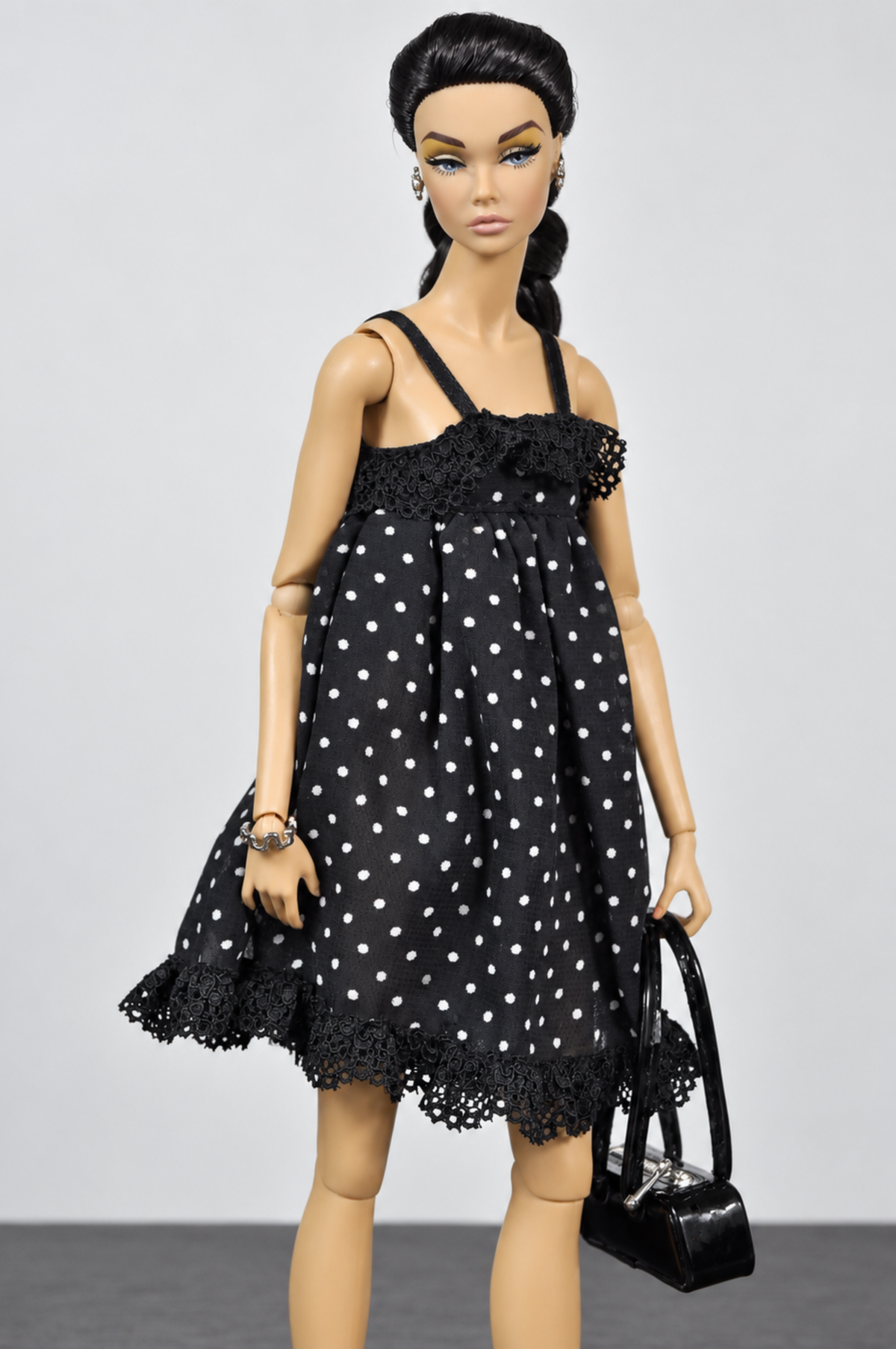 BASIC | Black Polka Dot Lace Dress | Fashion Royalty Doll Clothes | BARE