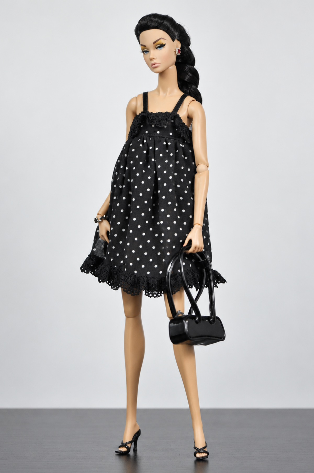 BASIC | Black Polka Dot Lace Dress | Fashion Royalty Doll Clothes | BARE