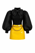 DELUXE | Butter Yellow Bow Mini Dress with Puff Sleeves & Patent Skirt for 1/6 Scale Fashion Dolls | BARE