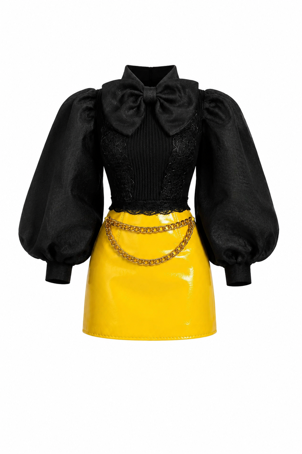 DELUXE | Butter Yellow Bow Mini Dress with Puff Sleeves & Patent Skirt for 1/6 Scale Fashion Dolls | BARE