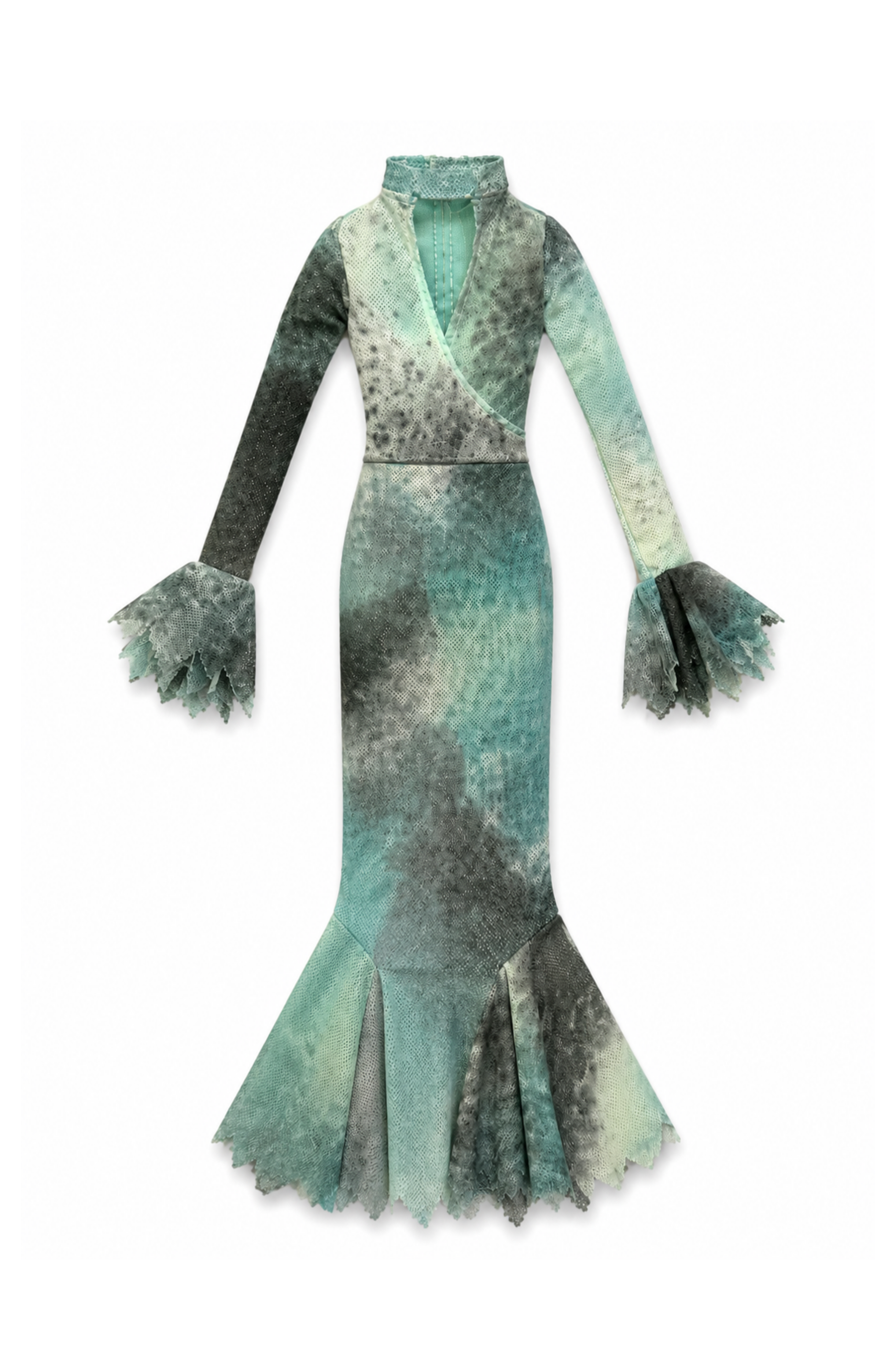 DELUXE | 1/6 Scale Fashion Doll Marble Mermaid Dress with Dramatic Bell Sleeves Handmade Couture Evening Gown Doll Clothes