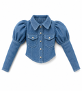 DELUXE |  Style No.12 | Denim Puff Sleeve Crop Shirt for Fashion Royalty 6.0 Dolls | Western Chic Doll Clothes | Handmade 1/6 Scale Outfit Top