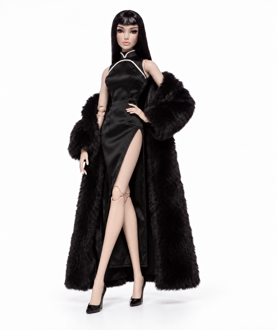 ANGEL SHANGHAI |Black Satin Cheongsam Dress for Fashion Royalty Dolls | 1/6 Scale Qipao Doll Clothing | BARE