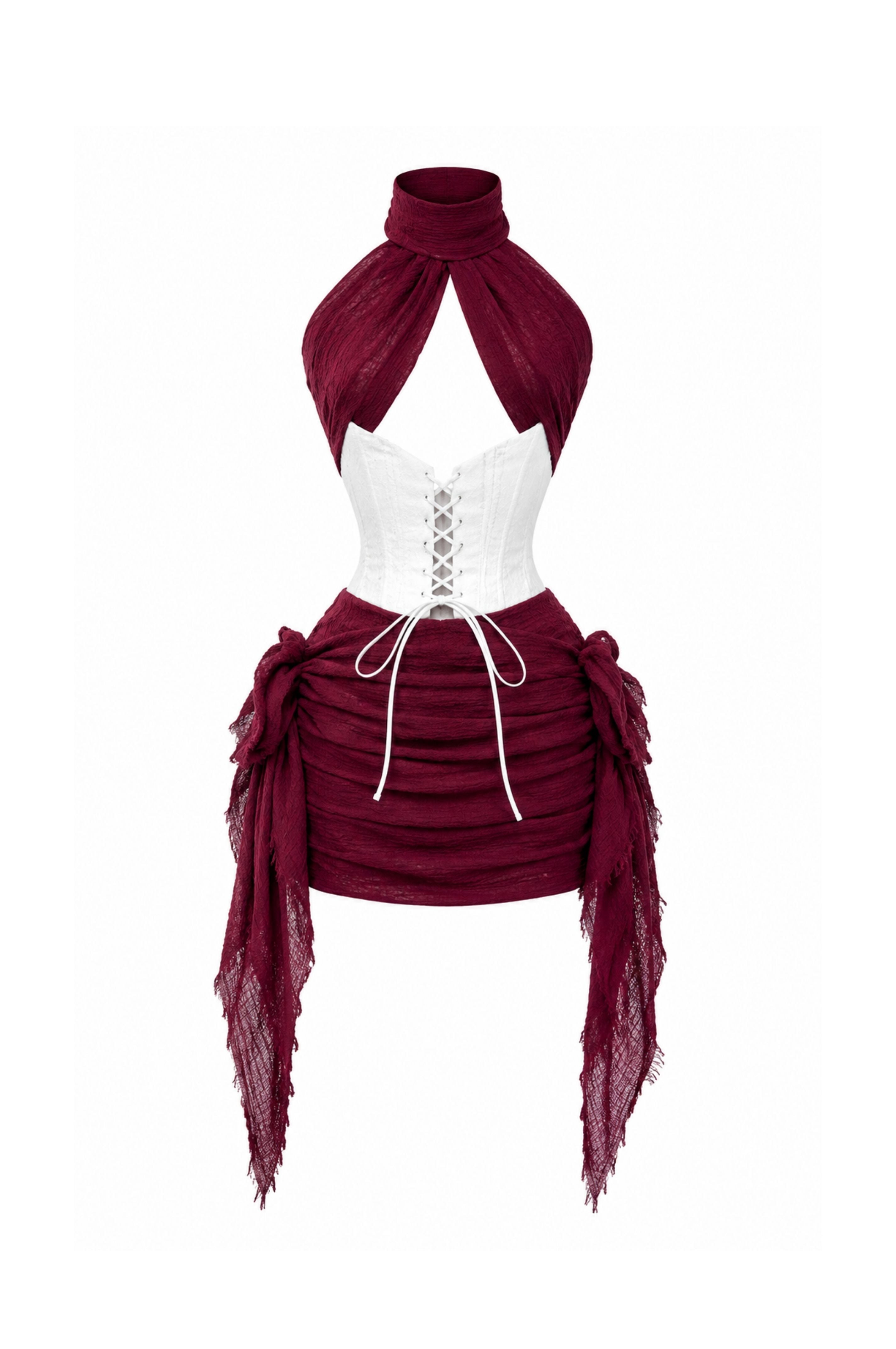 FW 26 | Burgundy Draped Mini Dress with White Lace-Up Corset – 1/6 Scale Fashion Doll Clothing | BARE