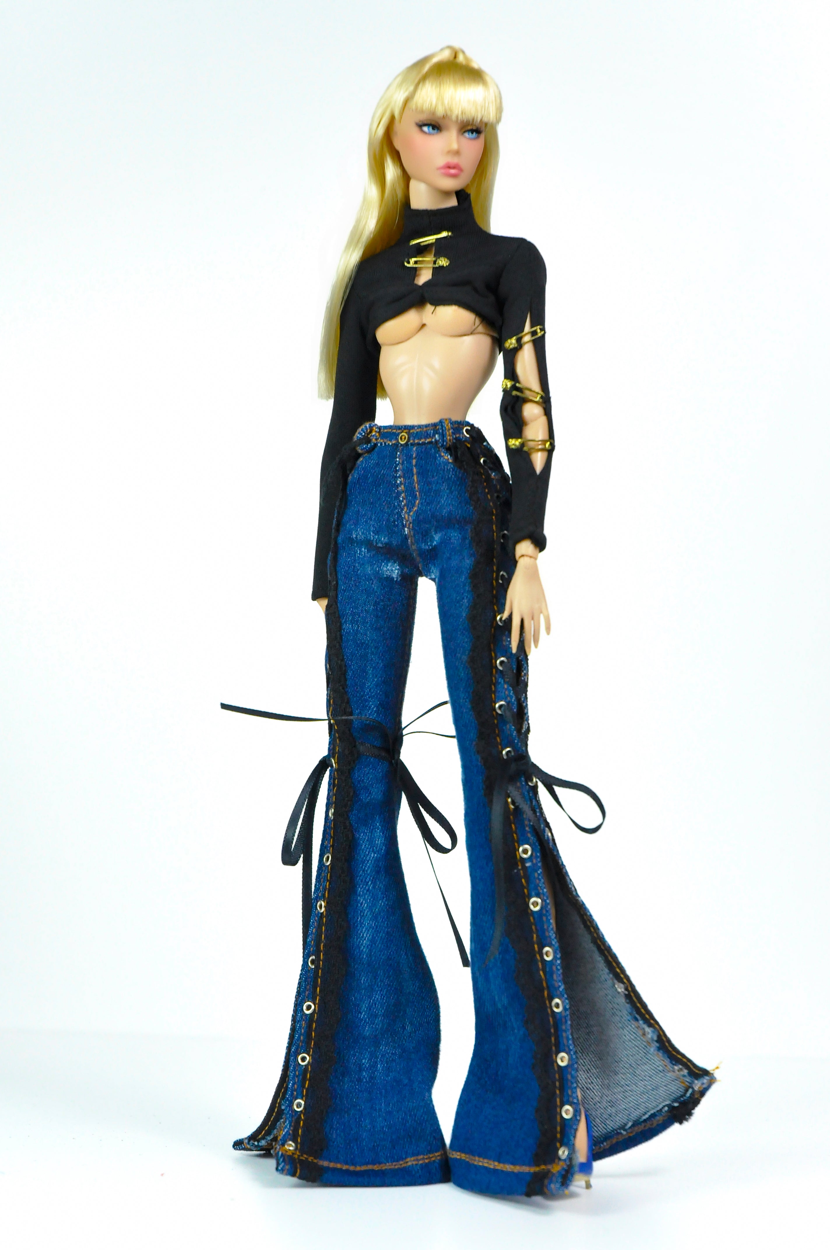 Style No.31 | Lace-Up Flared Denim Pants for 1/6 Scale Dolls | Fashion Royalty 6.0 Dark Wash Jeans | Gothic Streetwear Doll Clothes