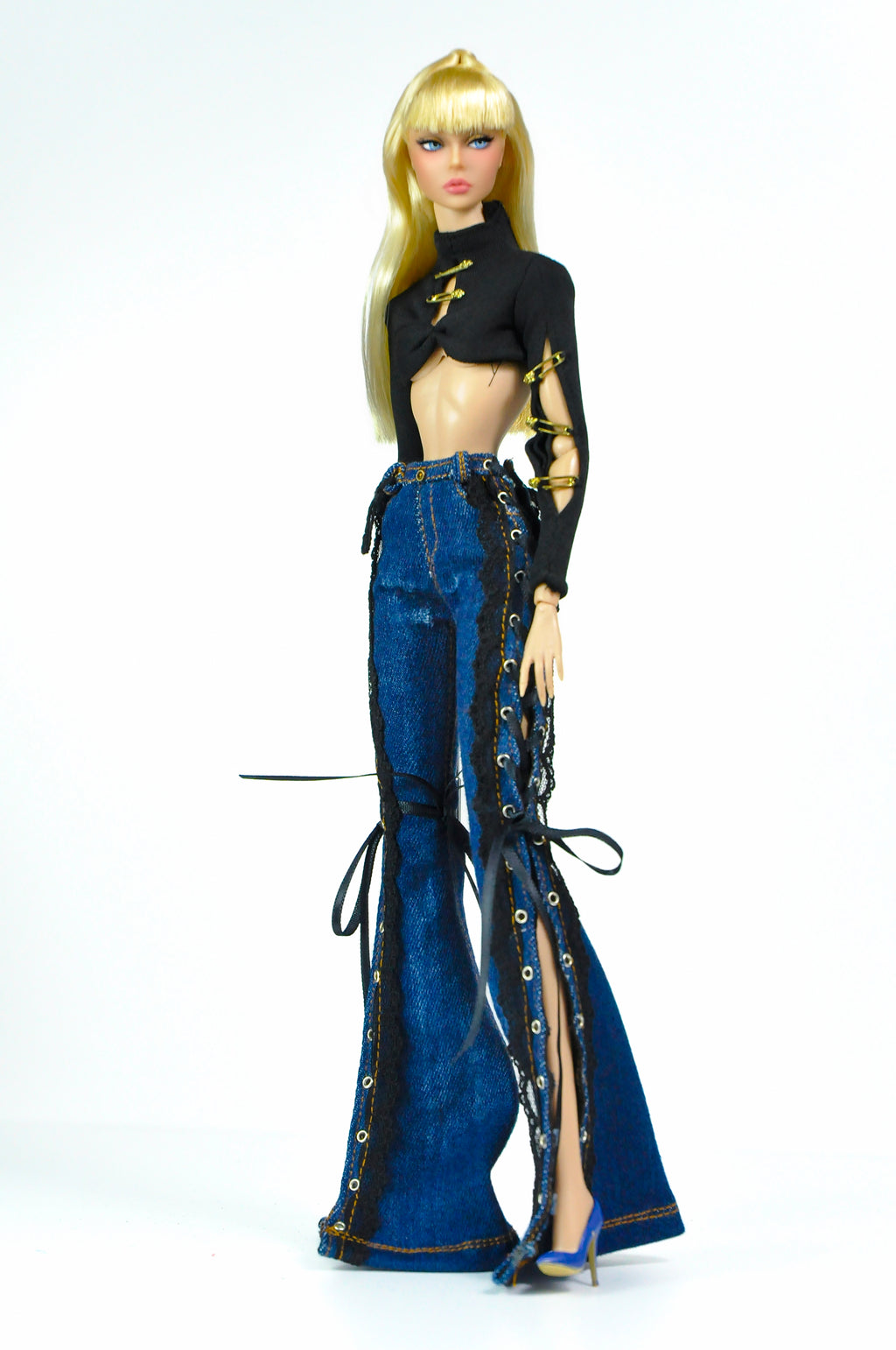 Style No.31 | Lace-Up Flared Denim Pants for 1/6 Scale Dolls | Fashion Royalty 6.0 Dark Wash Jeans | Gothic Streetwear Doll Clothes
