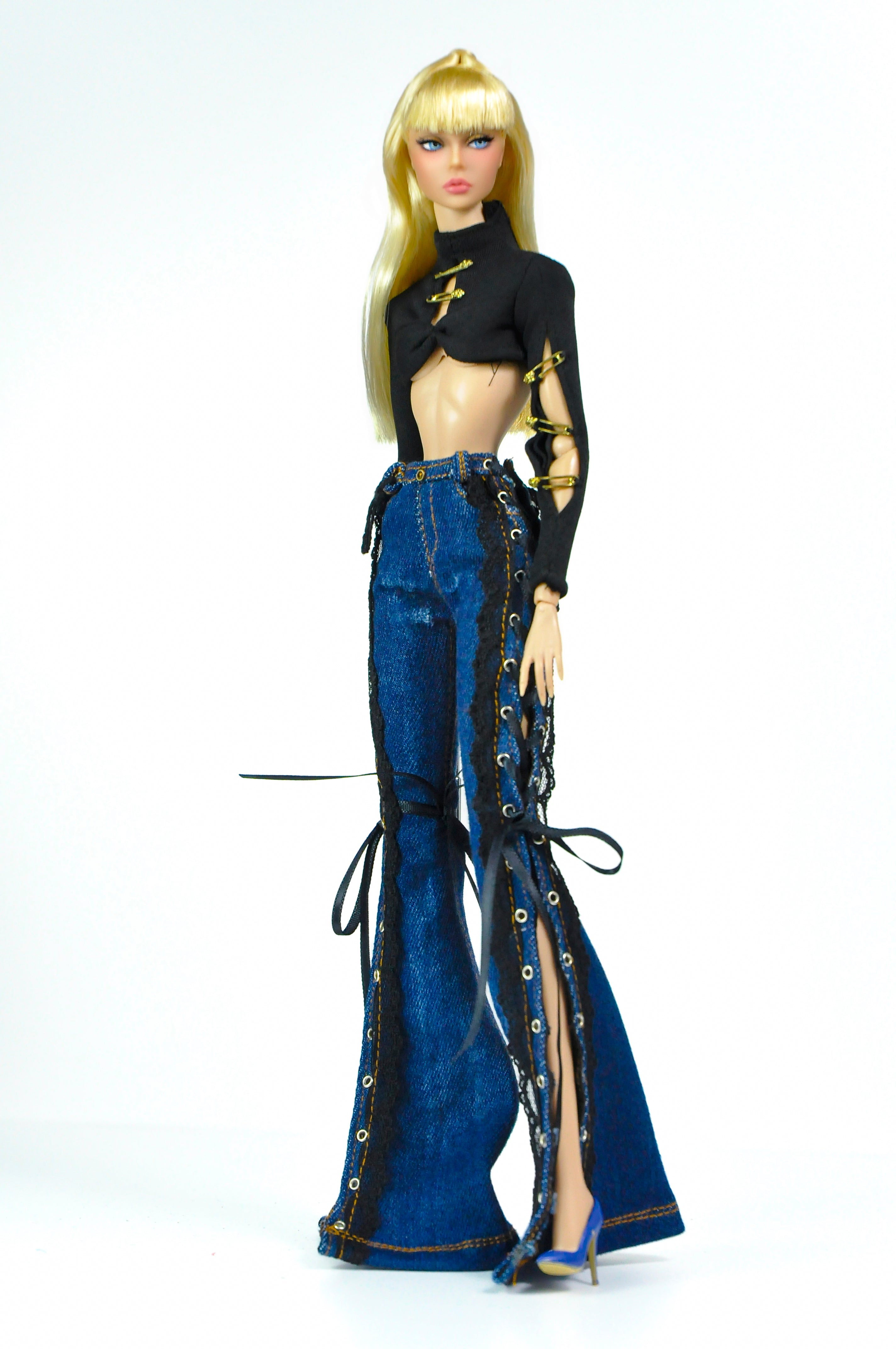 Style No.31 | Lace-Up Flared Denim Pants for 1/6 Scale Dolls | Fashion Royalty 6.0 Dark Wash Jeans | Gothic Streetwear Doll Clothes