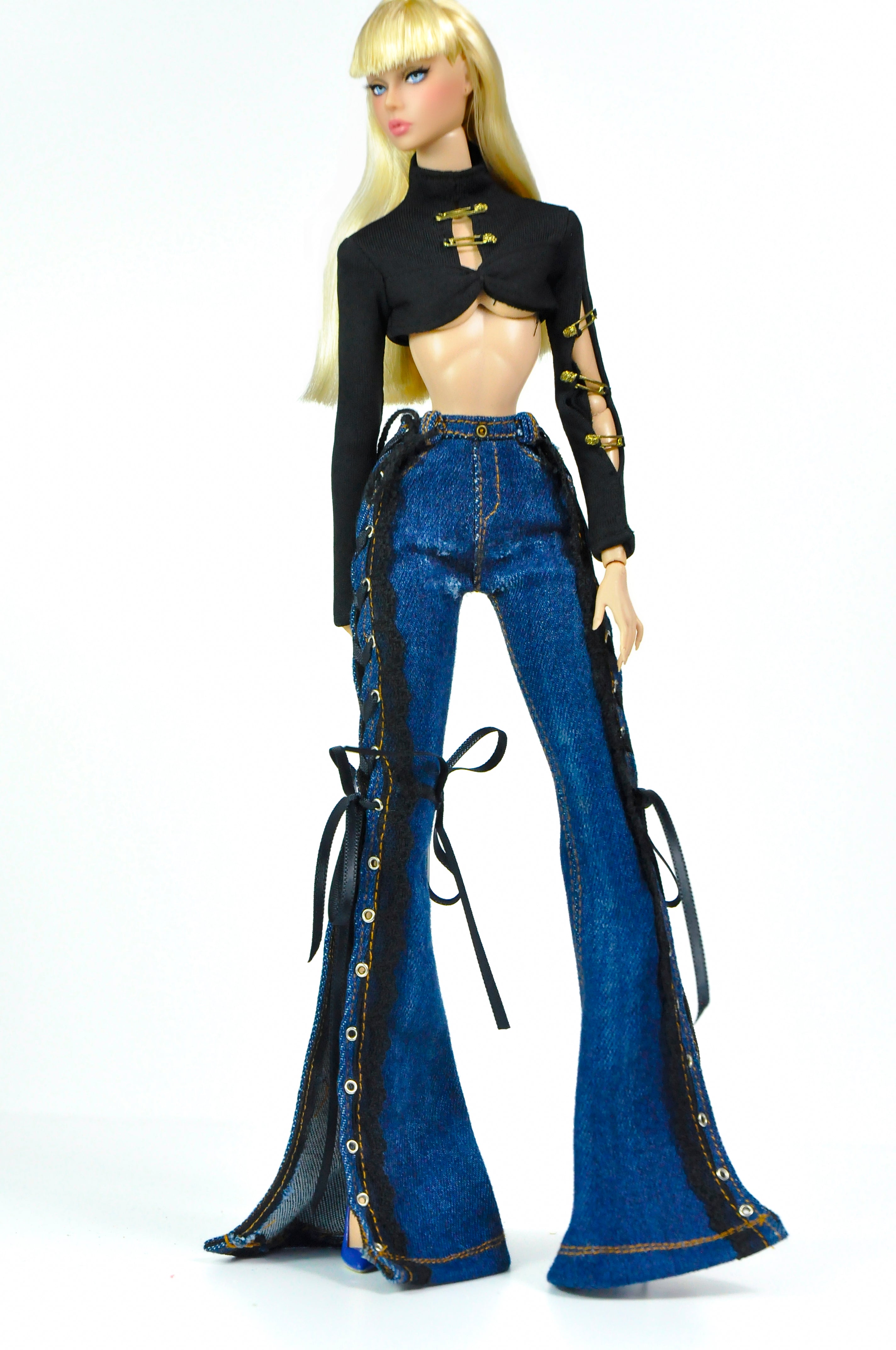 Style No.31 | Lace-Up Flared Denim Pants for 1/6 Scale Dolls | Fashion Royalty 6.0 Dark Wash Jeans | Gothic Streetwear Doll Clothes