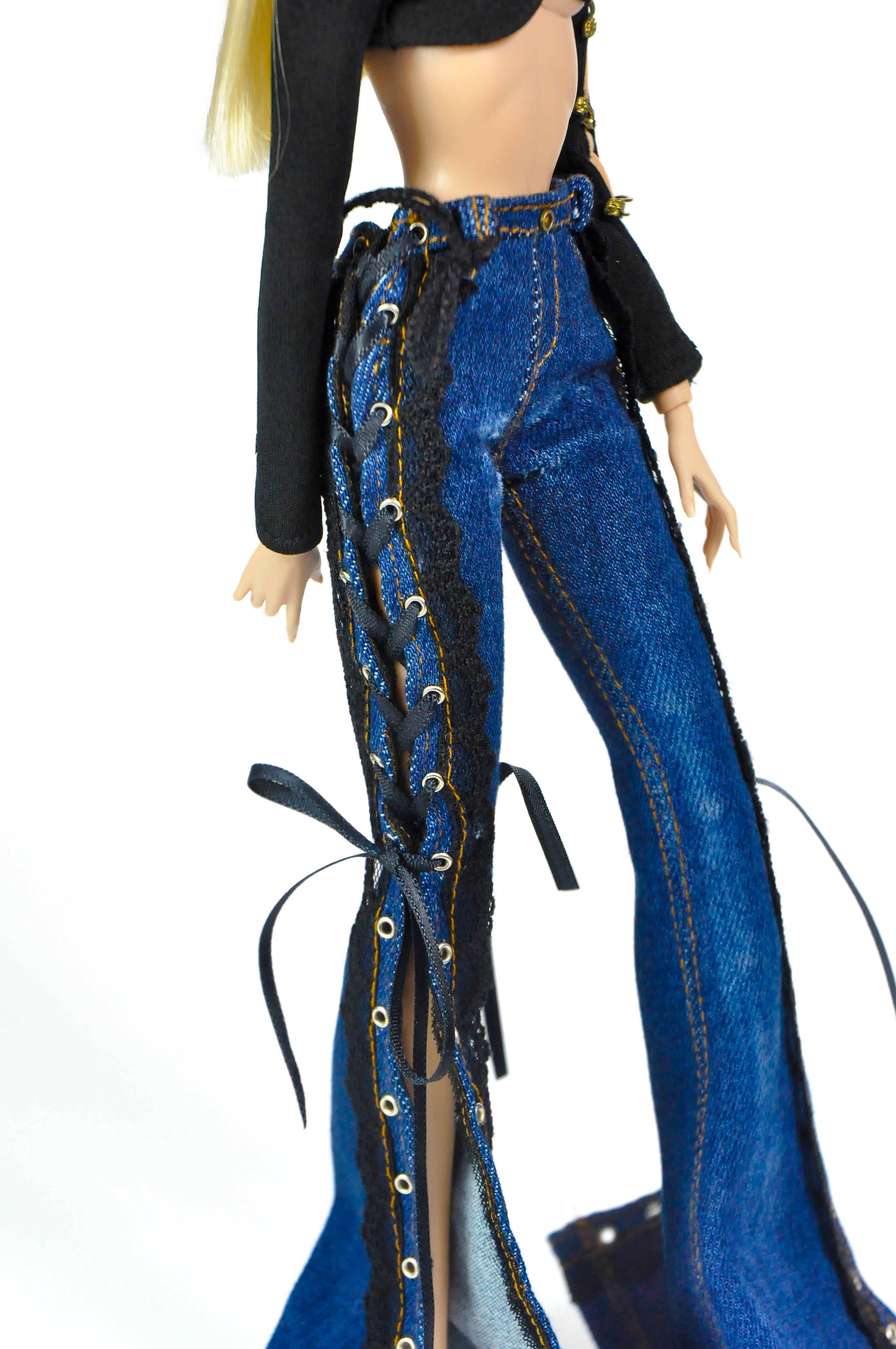 Style No.31 | Lace-Up Flared Denim Pants for 1/6 Scale Dolls | Fashion Royalty 6.0 Dark Wash Jeans | Gothic Streetwear Doll Clothes