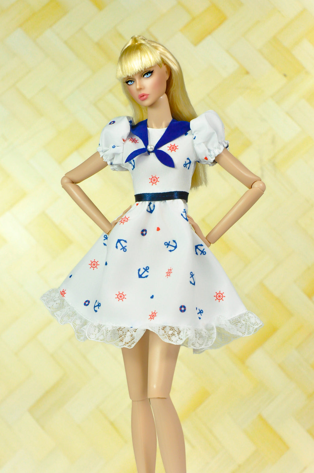 Style No.32 | Nautical Sailor Dress for 1/6 Scale Dolls | Marine Print Doll Dress with Lace Trim | Fashion Royalty 6.0 Clothes
