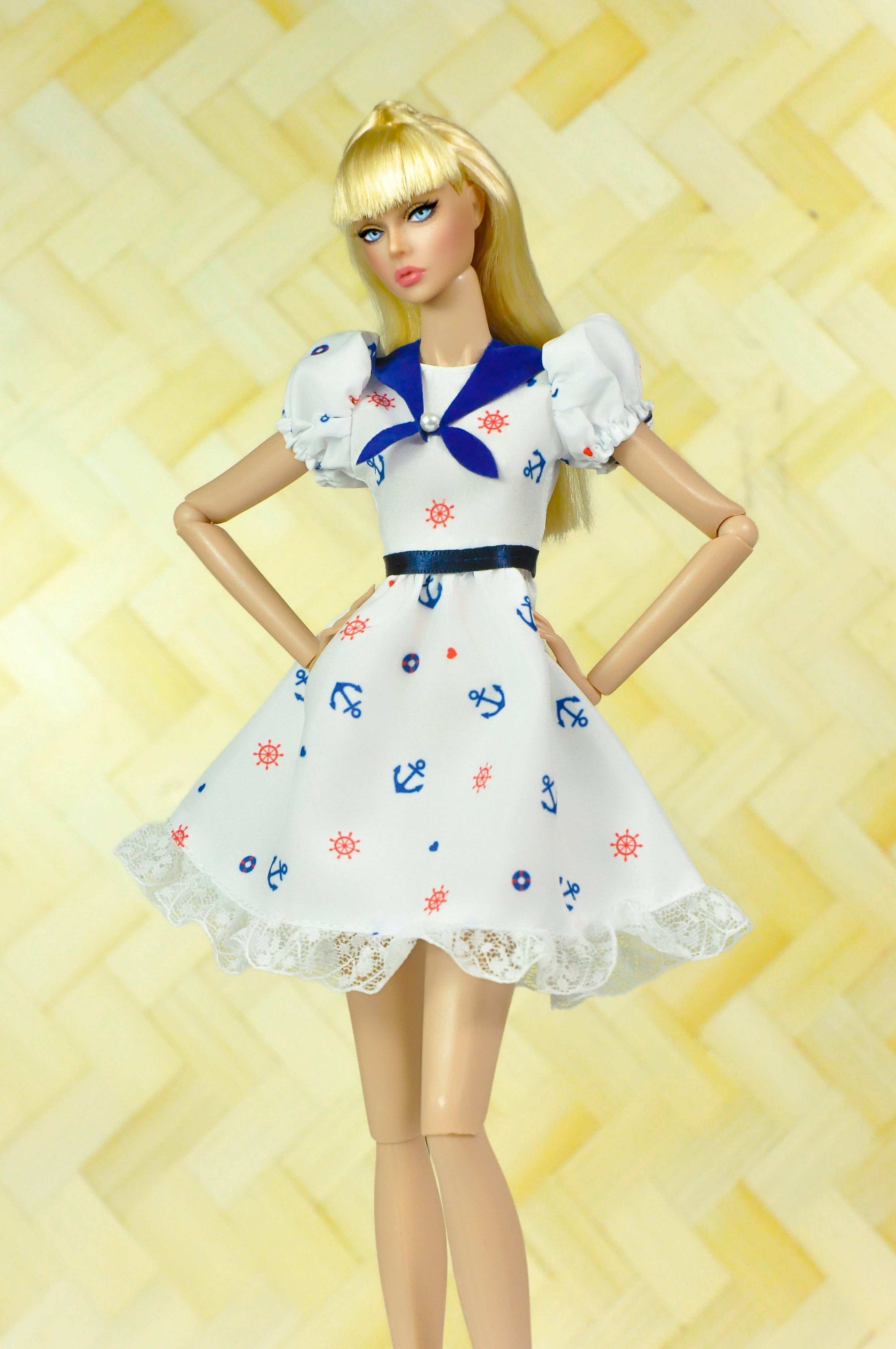 Style No.32 | Nautical Sailor Dress for 1/6 Scale Dolls | Marine Print Doll Dress with Lace Trim | Fashion Royalty 6.0 Clothes