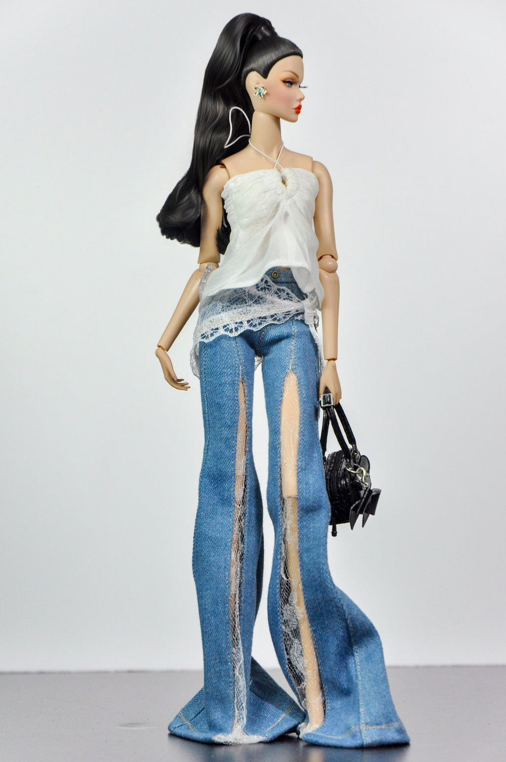 DELUXE | Style No.40 | Lace Bell Bottom Jeans for 1/6 Scale Fashion Dolls | Modern 1/6 Scale Fashion Royalty Clothes (Copy)