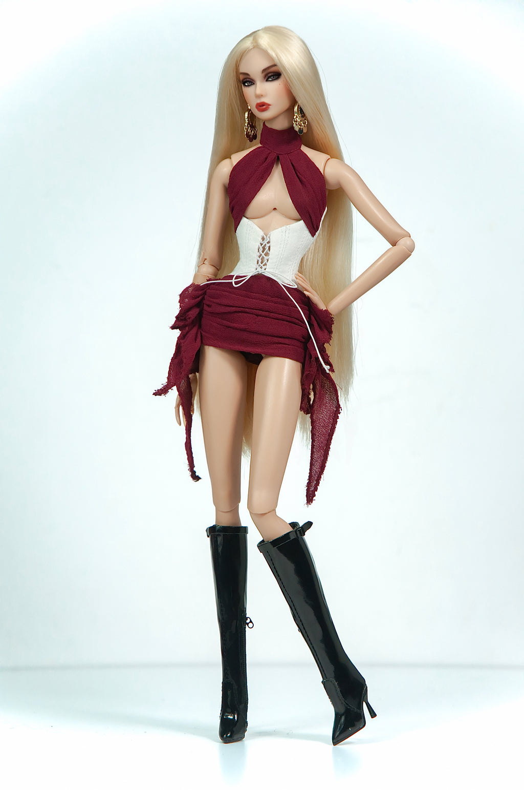 FW 26 | Burgundy Draped Mini Dress with White Lace-Up Corset – 1/6 Scale Fashion Doll Clothing | BARE
