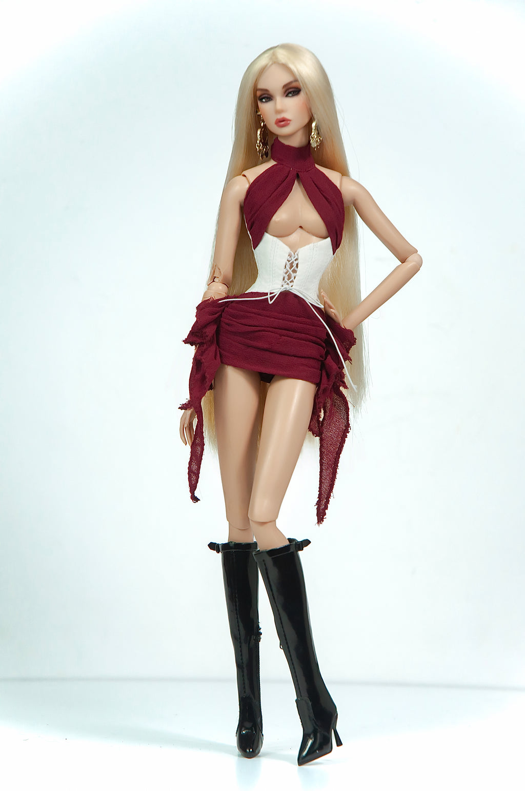 FW 26 | Burgundy Draped Mini Dress with White Lace-Up Corset – 1/6 Scale Fashion Doll Clothing | BARE