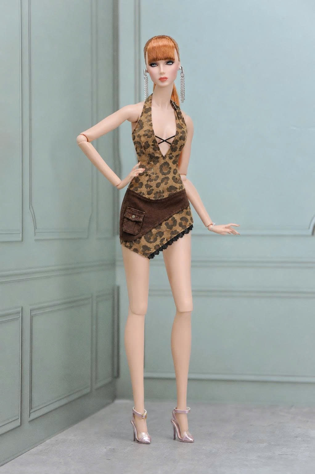 WILD INSTINCT | Leopard Halter Utility Mini Dress | Fashion Royalty Doll Clothes | BARE