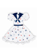 Style No.32 | Nautical Sailor Dress for 1/6 Scale Dolls | Marine Print Doll Dress with Lace Trim | Fashion Royalty 6.0 Clothes