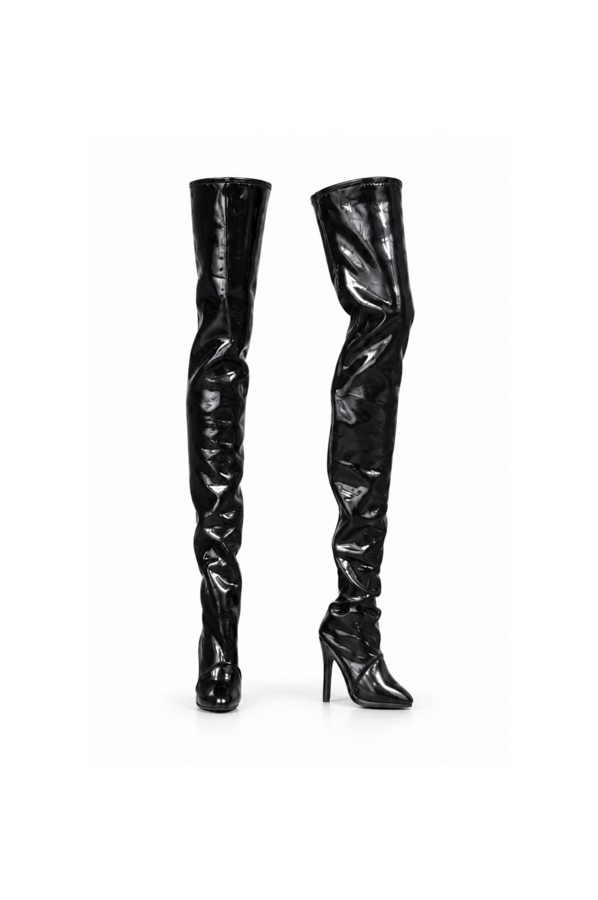 Glossy black thigh-high heeled boots for 1:6 fashion dolls — BARE BASIC