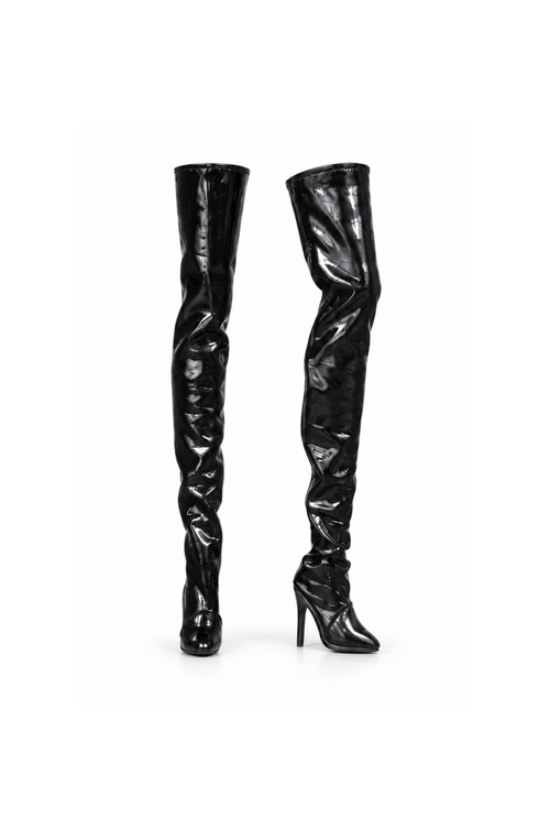 Glossy black thigh-high heeled boots for 1:6 fashion dolls — BARE BASIC