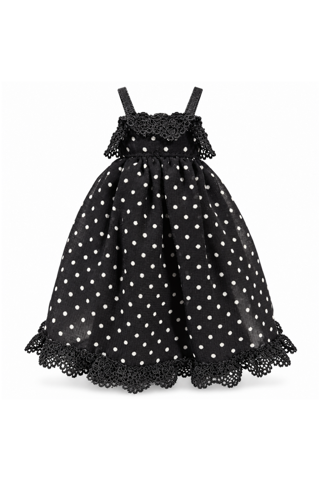 Black dress with white polka dots, narrow straps, gathered skirt and black lace trim for 1:6 fashion dolls