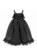 Black dress with white polka dots, narrow straps, gathered skirt and black lace trim for 1:6 fashion dolls