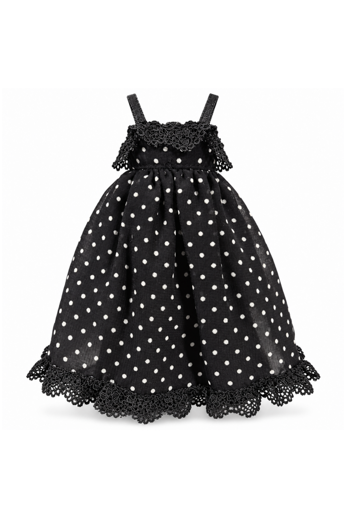 Black dress with white polka dots, narrow straps, gathered skirt and black lace trim for 1:6 fashion dolls