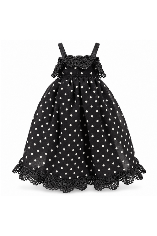 Black dress with white polka dots, narrow straps, gathered skirt and black lace trim for 1:6 fashion dolls