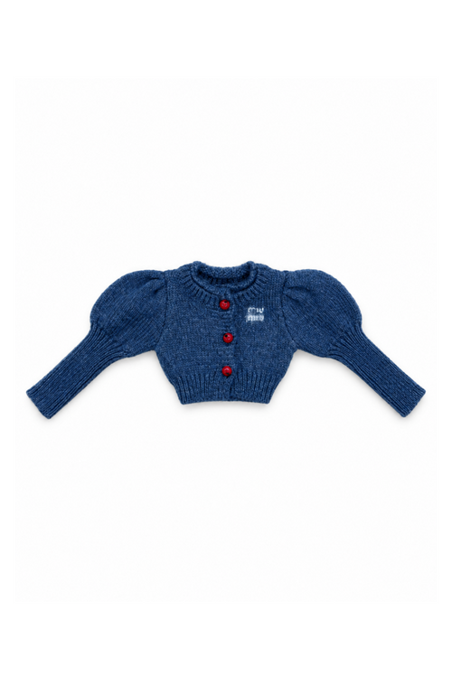 Blue cropped knit cardigan with three-quarter puff sleeves for 1:6 Fashion Royalty dolls