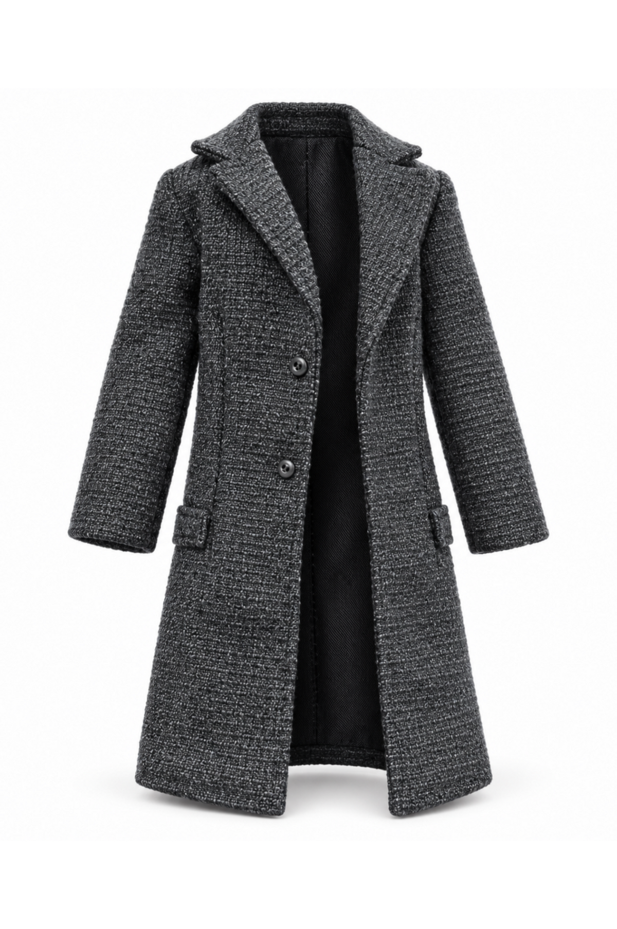 Charcoal textured tailored long coat with lapels and two front buttons for 1:6 fashion dolls