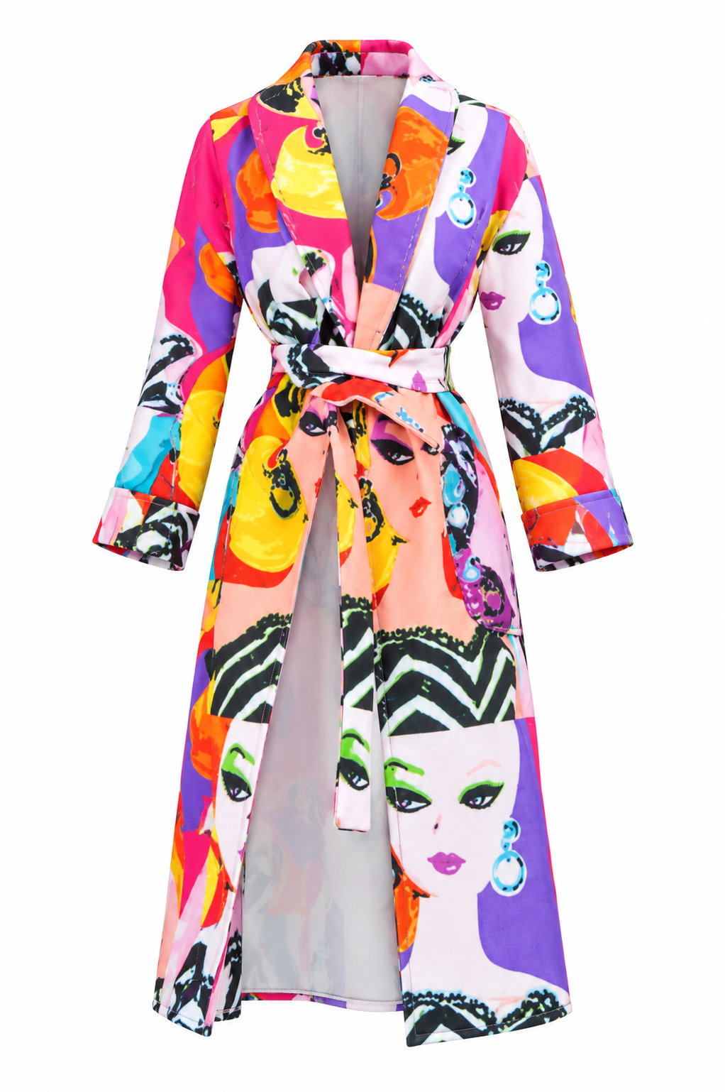 BARE DELUXE multicolour pop art portrait belted doll coat on a white background
