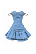 Light blue denim mini dress with sweetheart neckline, silver-tone chain straps and layered ruffle hem for 1:6 fashion dolls