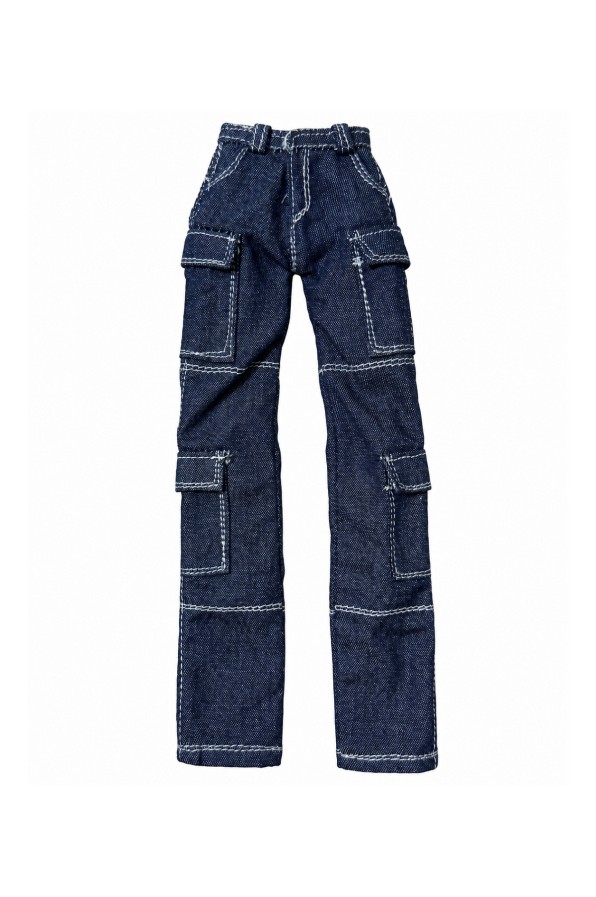 Dark indigo cargo jeans with belt loops, flap pockets and contrast stitching for 1:6 fashion dolls