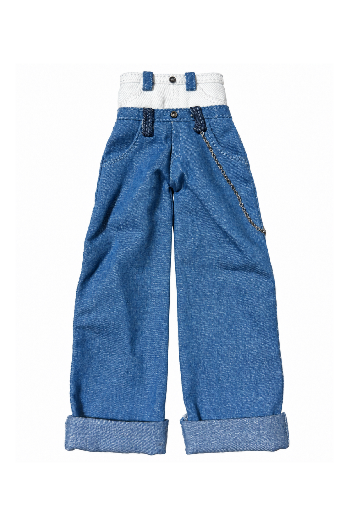 Blue baggy jeans with a white double-waist panel, side chain and turned-up cuffs for 1:6 fashion dolls