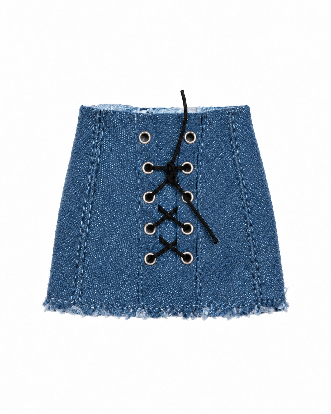 Blue denim mini skirt shown from the front with black lacing, silver-tone eyelets and frayed hem for 1:6 fashion dolls, Denim Cutie by BARE