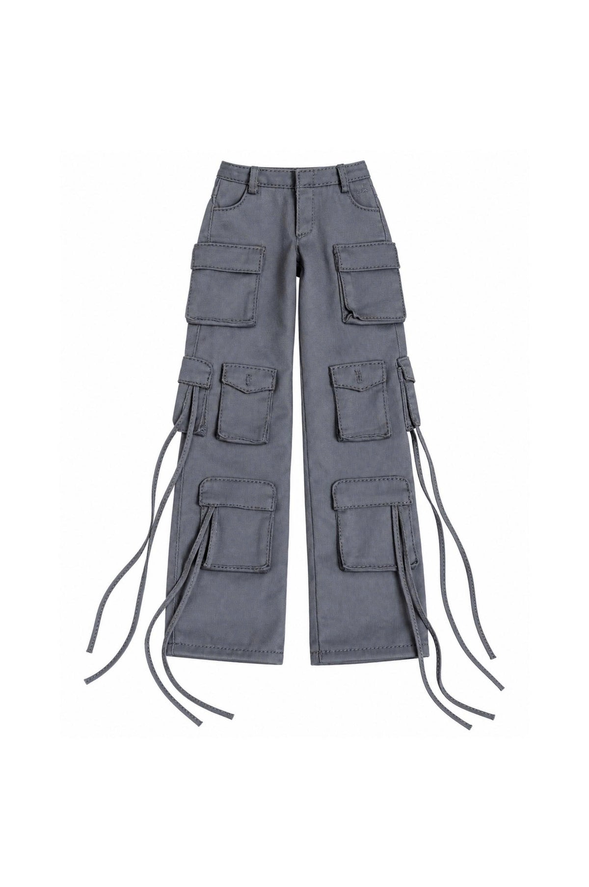 Grey wide-leg cargo pants with multiple flap pocket details and long hanging ties for 1:6 fashion dolls, Denim Cutie by BARE