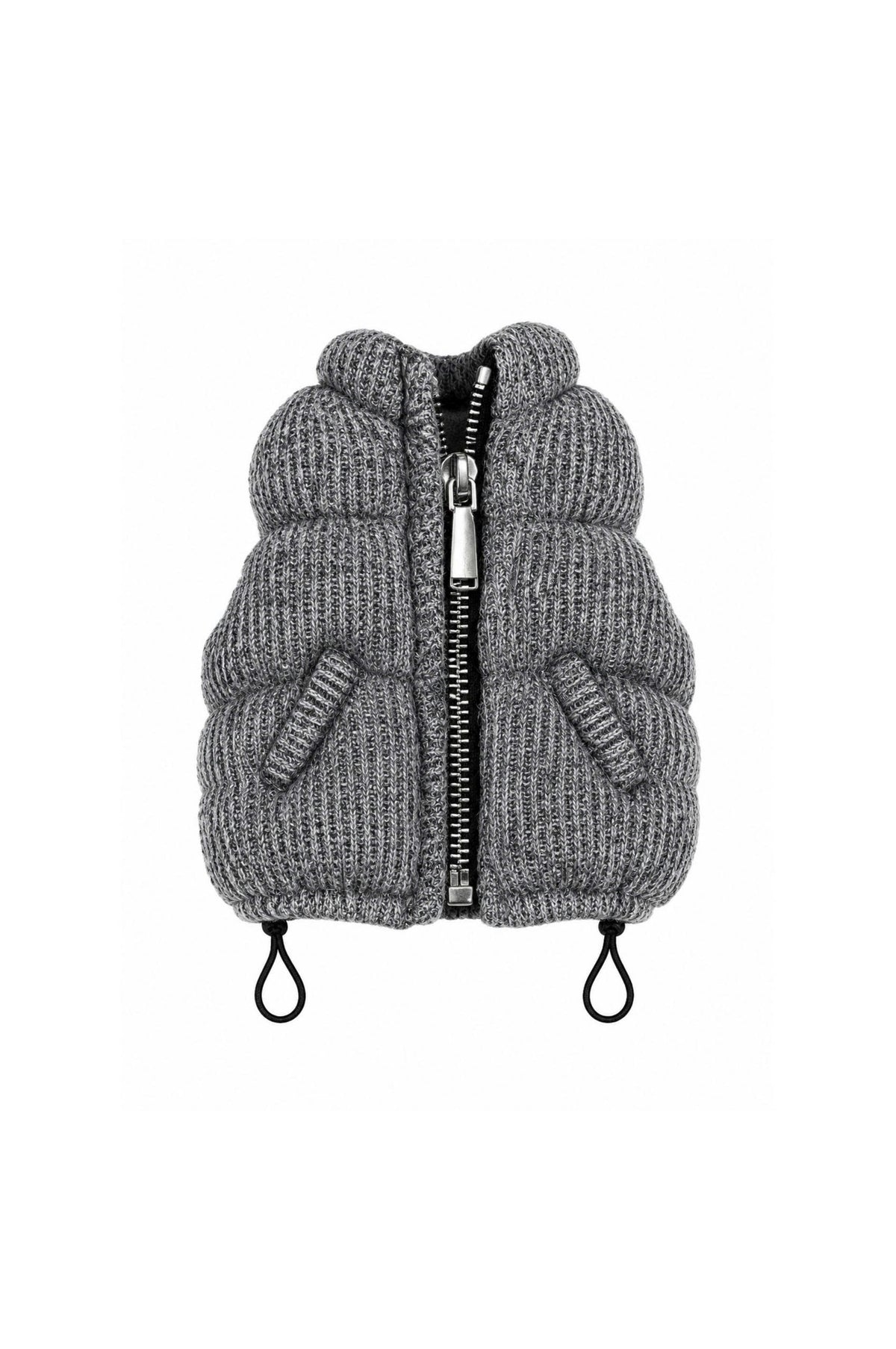 Grey knit puffer vest with stand collar and padded sections for 1:6 fashion dolls, Denim Cutie by BARE