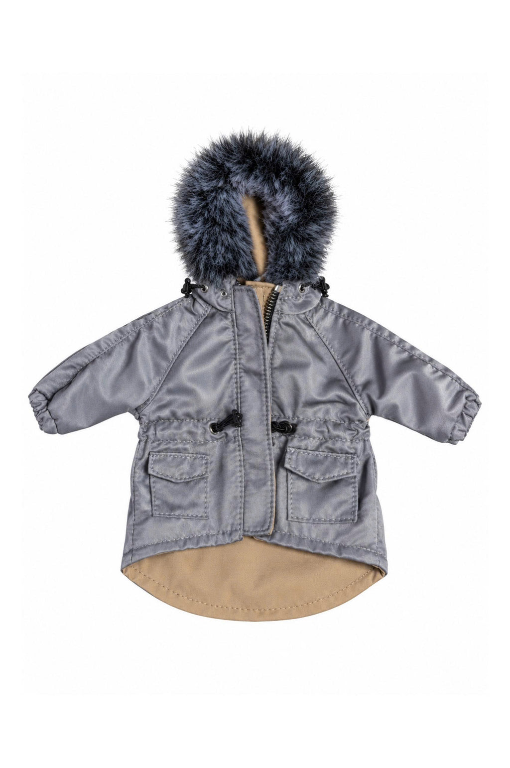 Grey hooded parka with dark plush trim, flap pocket details and dipped back hem for 1:6 fashion dolls, Denim Cutie by BARE