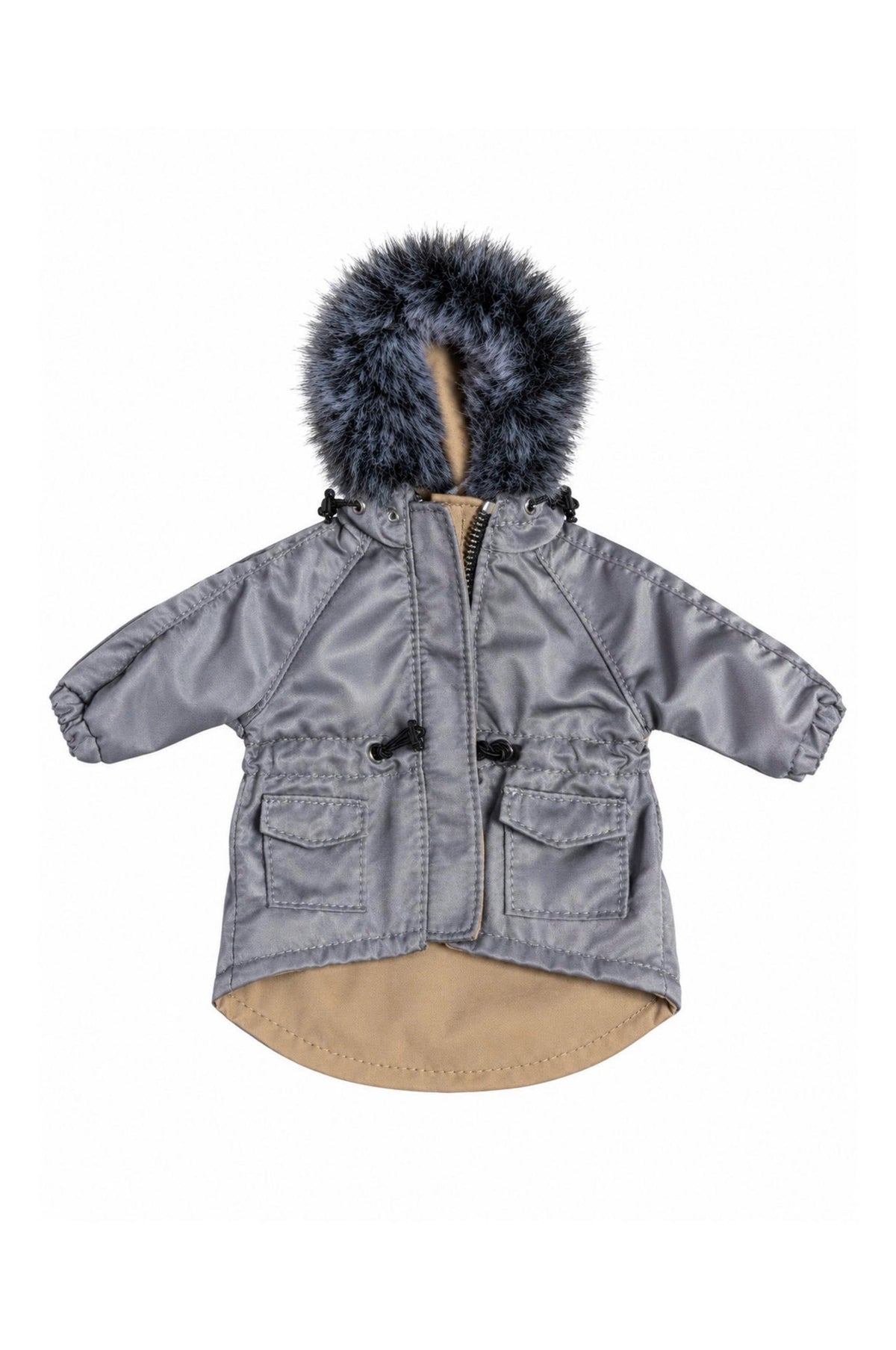 Grey hooded parka with dark plush trim, flap pocket details and dipped back hem for 1:6 fashion dolls, Denim Cutie by BARE