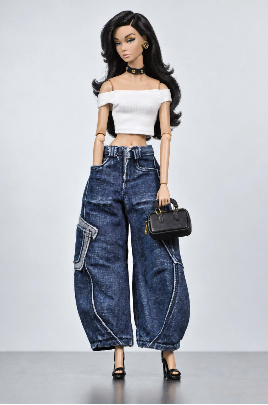 Fashion doll modelling BARE Denim Cutie indigo balloon cargo jeans; top, doll, bag, shoes and accessories are styling only