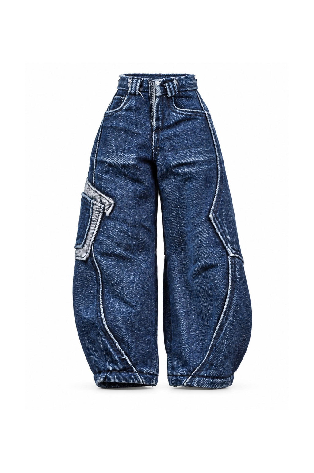 Washed indigo balloon cargo jeans with curved seams and contrast stitching for 1:6 fashion dolls, Denim Cutie by BARE