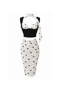 Black corset top with white polka-dot bust panels, matching ruched midi skirt and neck scarf for 1:6 fashion dolls