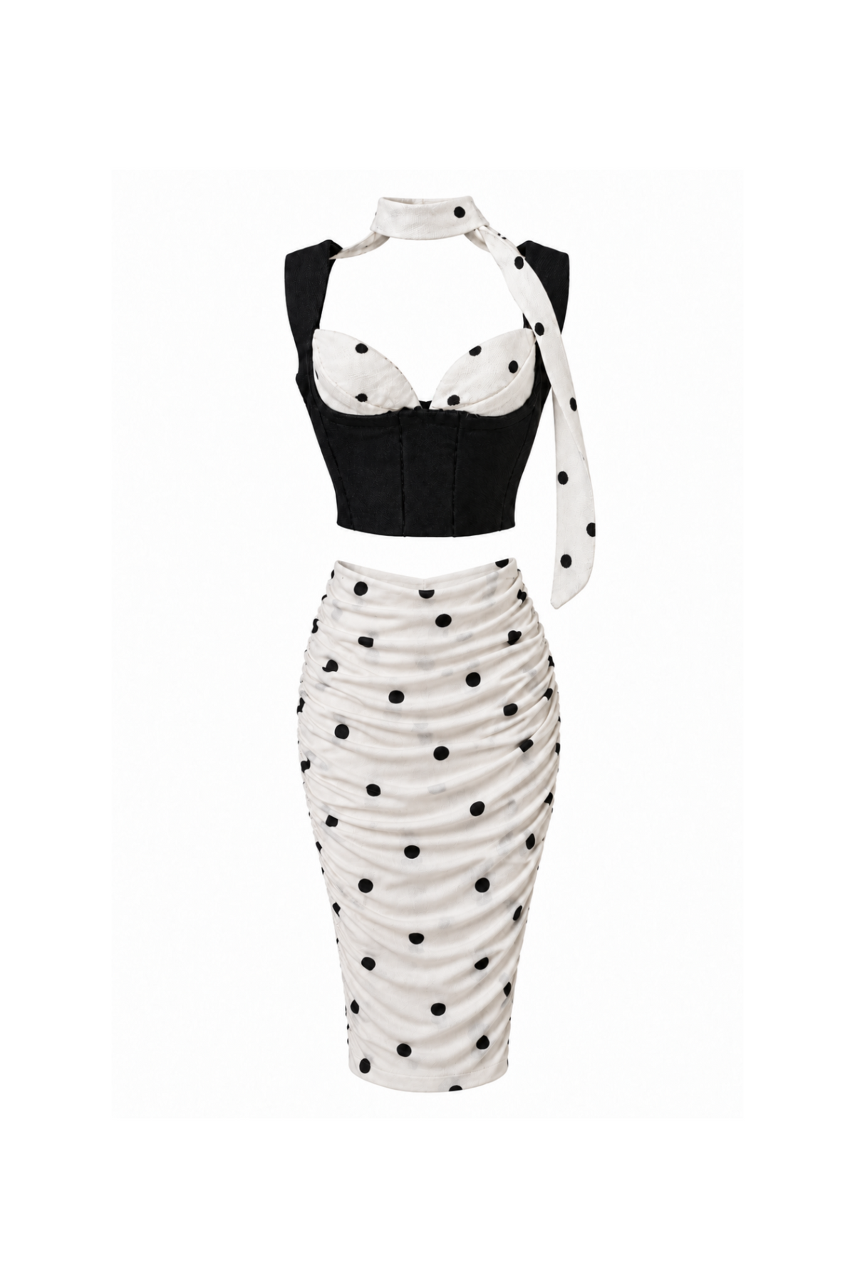 Black corset top with white polka-dot bust panels, matching ruched midi skirt and neck scarf for 1:6 fashion dolls
