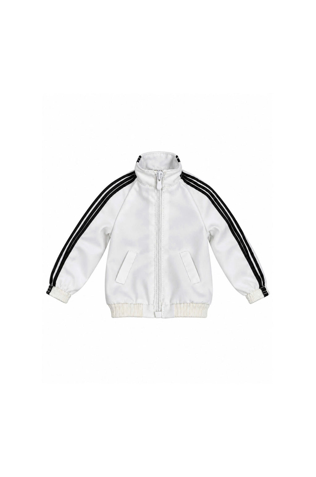 White track jacket with black sleeve stripes and stand collar for 1:6 fashion dolls, Denim Cutie by BARE