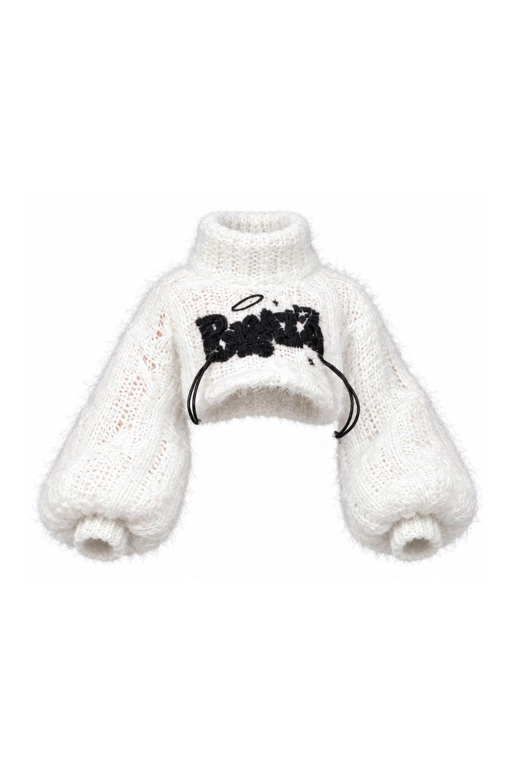 White fuzzy cropped turtleneck knit top with oversized sleeves and black graphic detail for 1:6 fashion dolls, Denim Cutie by BARE