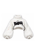 White fuzzy cropped turtleneck knit top with oversized sleeves and black graphic detail for 1:6 fashion dolls, Denim Cutie by BARE