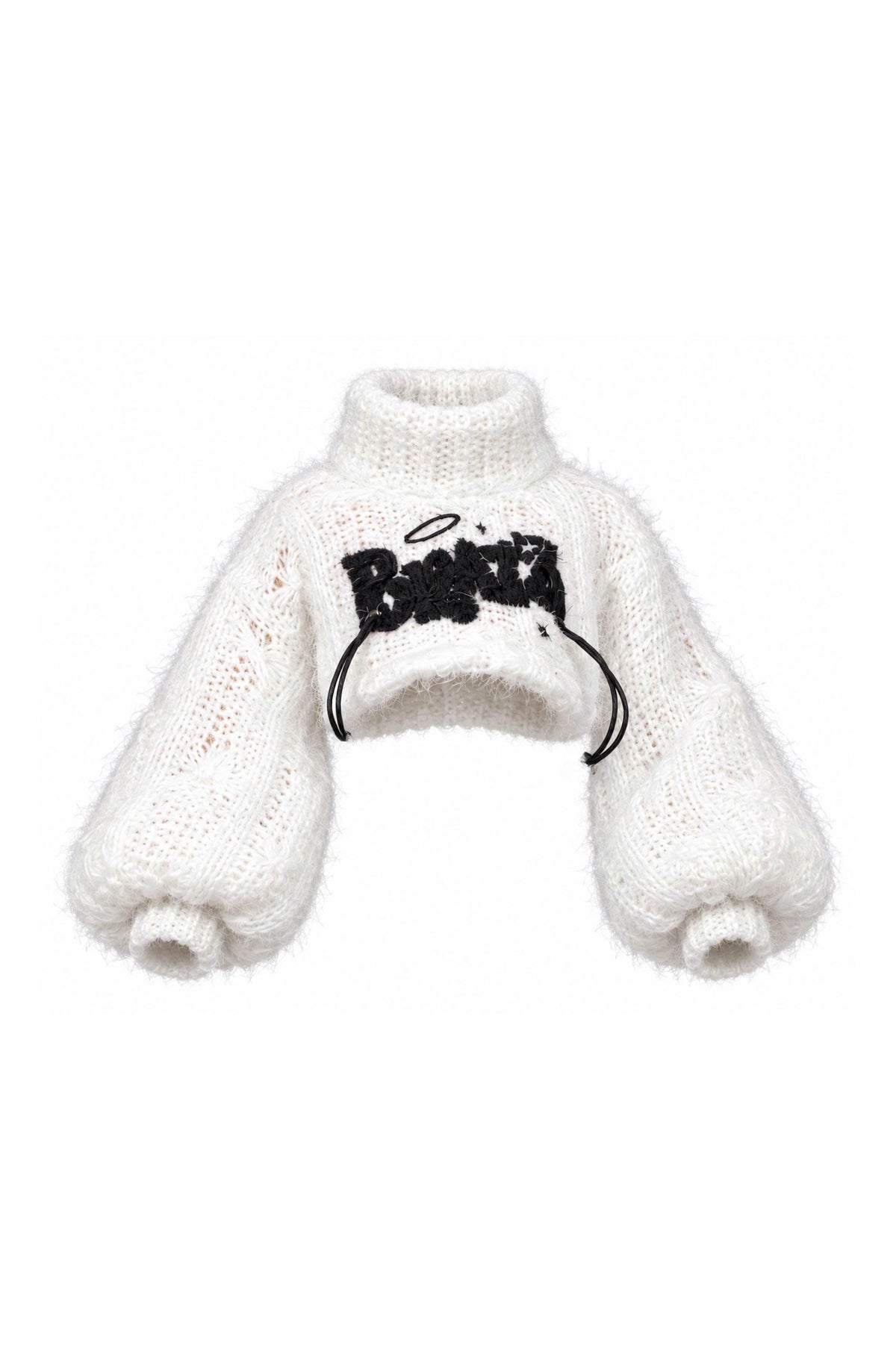 White fuzzy cropped turtleneck knit top with oversized sleeves and black graphic detail for 1:6 fashion dolls, Denim Cutie by BARE